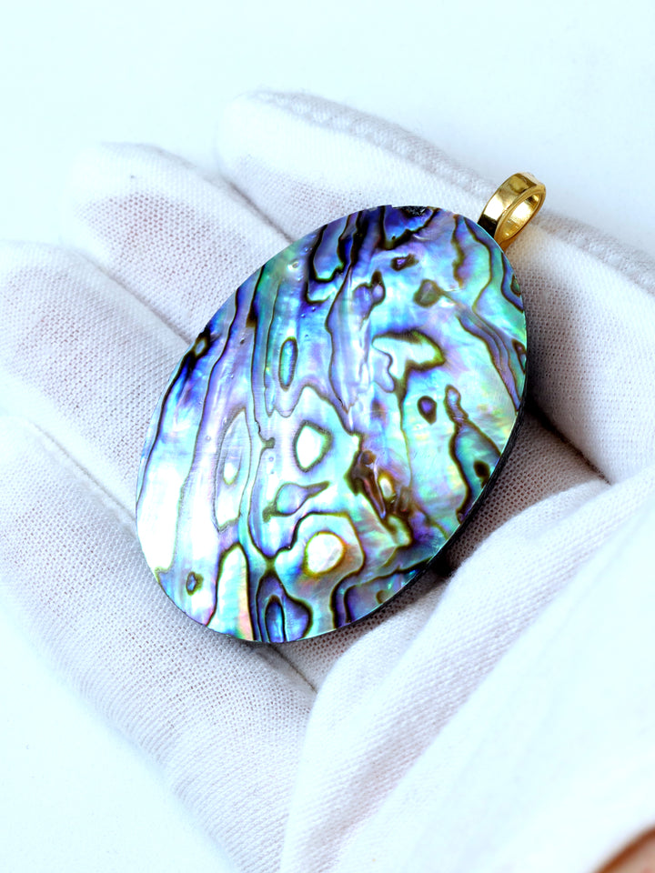 Abalone Paua Shell Necklace Pendant Large Natural Simple 2.3 Inch Design Select Cut AAA Oval Shape Hand Silverwork MOP Spyglass