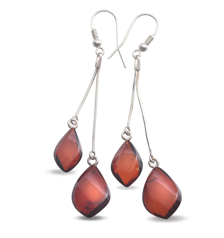 Baltic Amber Earrings Dark Honey Smooth Double Teardrop 2.7" – Sterling Silver