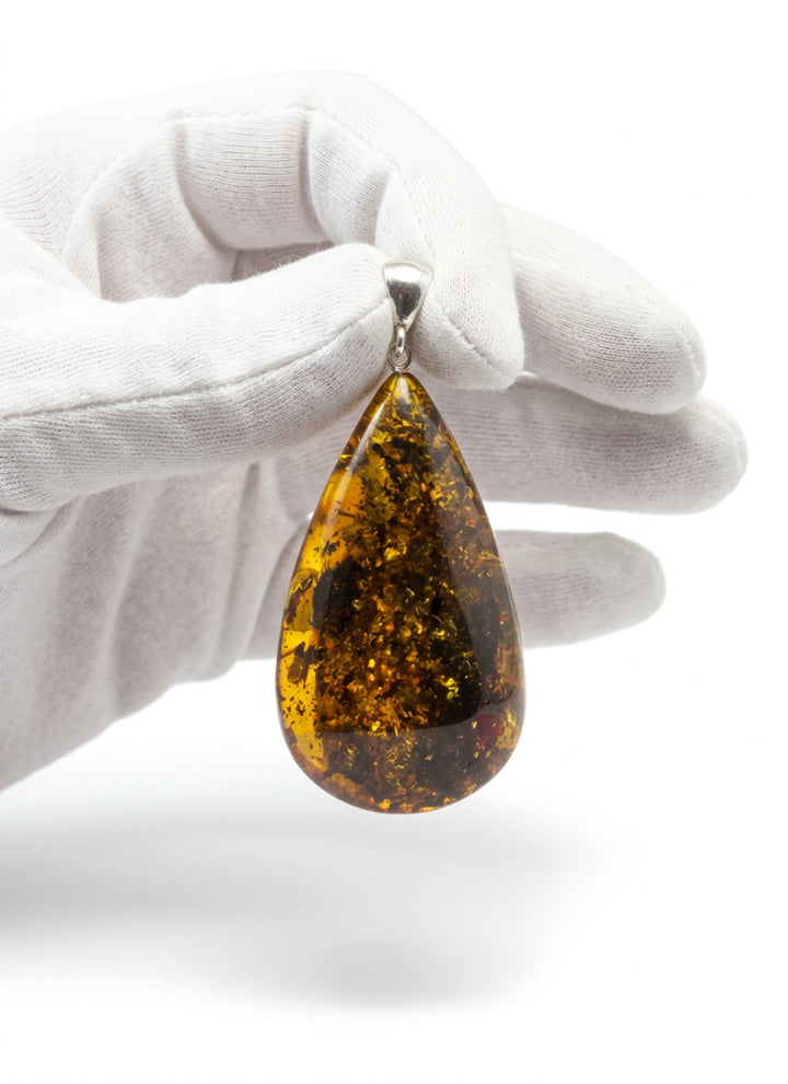 Honey Amber Baltic Large Long Pendant – Sterling Silver