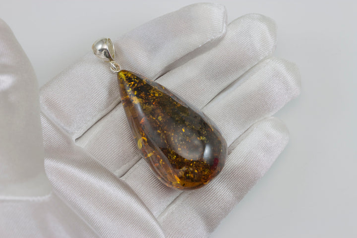 Honey Amber Baltic Large Long Pendant – Sterling Silver