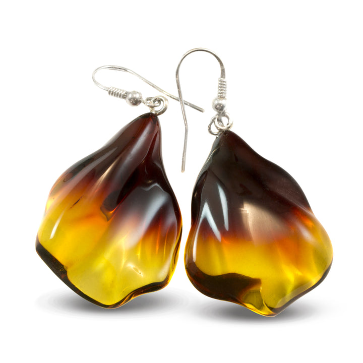 Amber Earrings Honey Yellow Wavy Floral Teardrop 24x35mm 2" – Sterling Silver