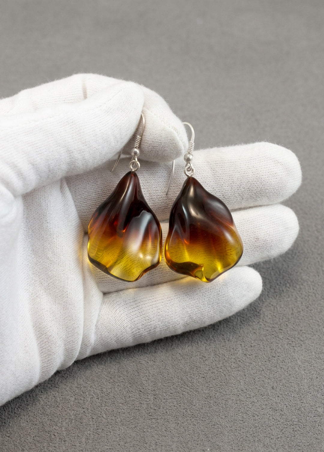 Amber Earrings Honey Yellow Wavy Floral Teardrop 24x35mm 2" – Sterling Silver