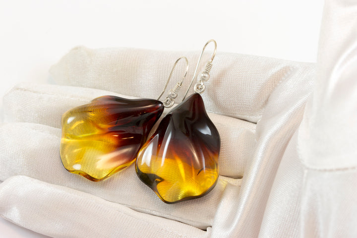 Amber Earrings Honey Yellow Wavy Floral Teardrop 24x35mm 2" – Sterling Silver
