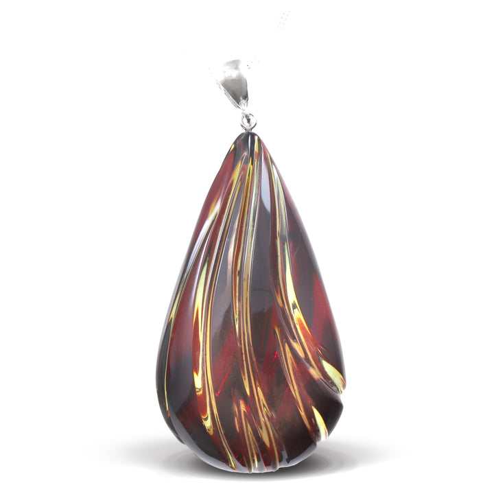 Amber Baltic Large Carved Pendant 2.5"  – Sterling Silver