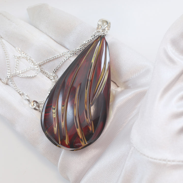 Amber Baltic Large Carved Pendant 2.5"  – Sterling Silver