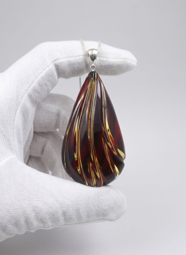 Amber Baltic Large Carved Pendant 2.5"  – Sterling Silver