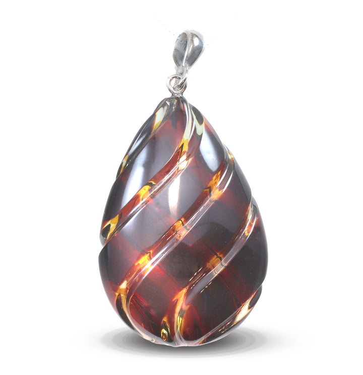 Amber Baltic Large Carved Pendant 2.5"  – Sterling Silver