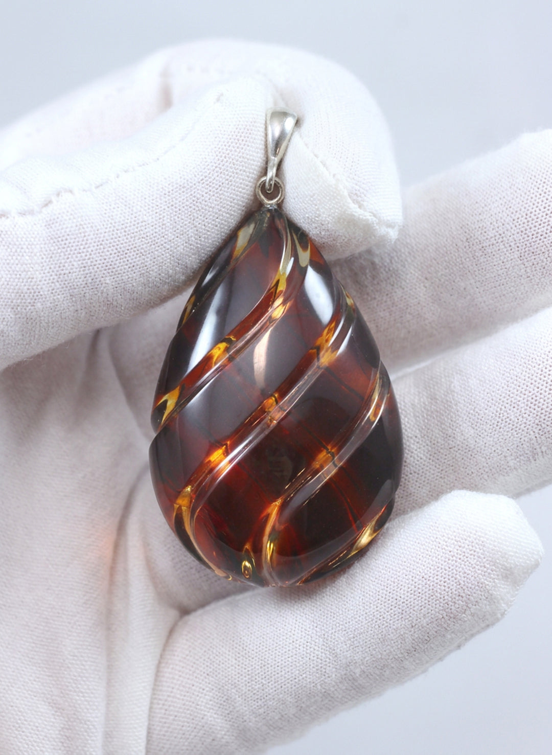 Amber Baltic Large Carved Pendant 2.5"  – Sterling Silver
