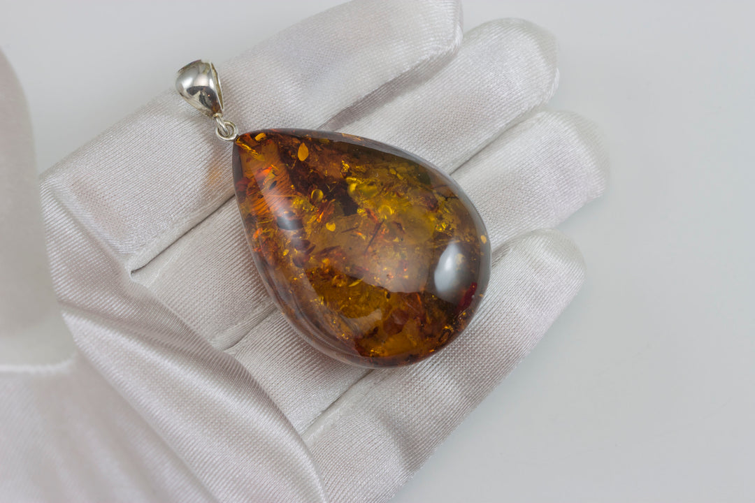 Honey Amber Baltic Large Puffed Pendant – Sterling Silver