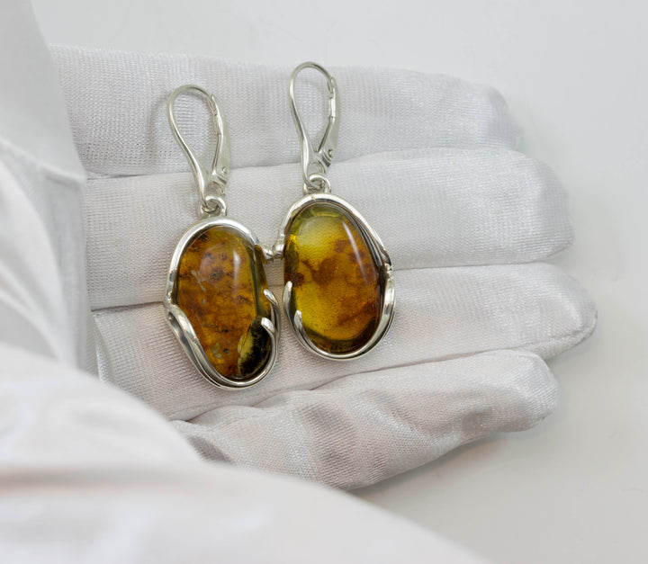 Amber Teardrop Bezeled Oval Earrings – Sterling Silver