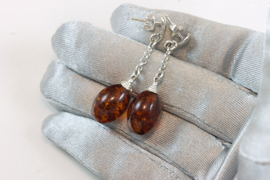 Amber Earrings Dark Honey Smooth Teardrop Post 11x15mm 1.8" – Sterling Silver