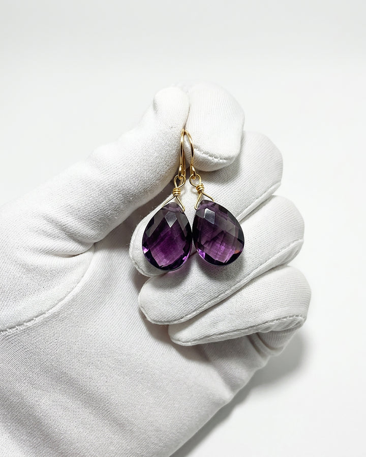 Simulated Amethyst Purple Faceted Earrings 1.2" Teardrops – Sterling Silver or 14k Gold