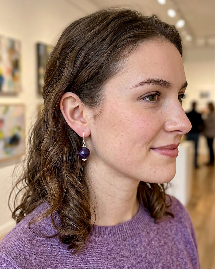Amethyst Purple Round Earrings – Sterling Silver or 14k Gold