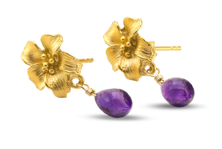 Purple Amethyst Carved Flower Stud Post Earrings – 14k Gold Vermeil