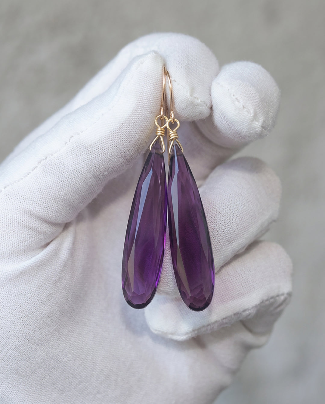 Purple Simulated Amethyst Facet Earrings 2" – Sterling Silver or 14k Gold