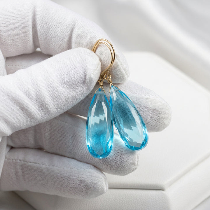 Simulated Aquamarine Earrings Aqua Long Blue 1.5" – Sterling Silver or 14k Gold