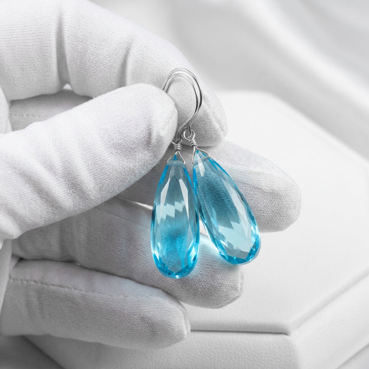 Simulated Aquamarine Earrings Aqua Long Blue 1.5" – Sterling Silver or 14k Gold