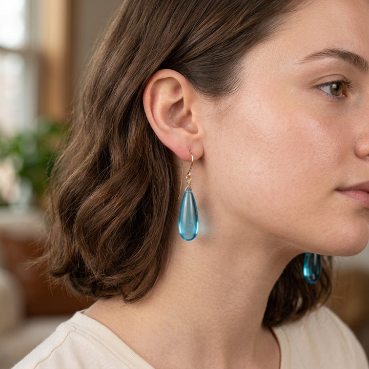 Simulated Aquamarine Earrings Aqua Smooth Blue 1.5" – Sterling Silver or 14k Gold