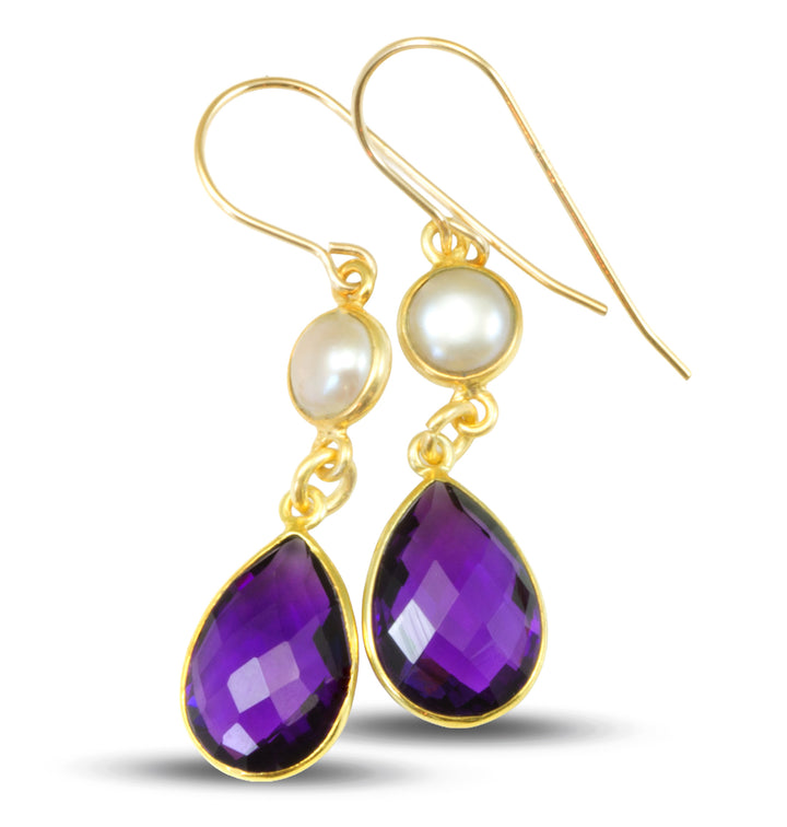 Amethyst Purple and Pearl Bezel Earrings 1.5" – 14k Solid Gold or Gold Filled