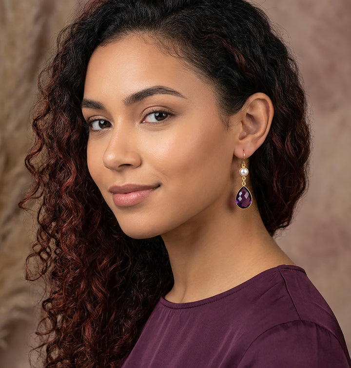 Amethyst Purple and Pearl Bezel Earrings 1.5" – 14k Solid Gold or Gold Filled