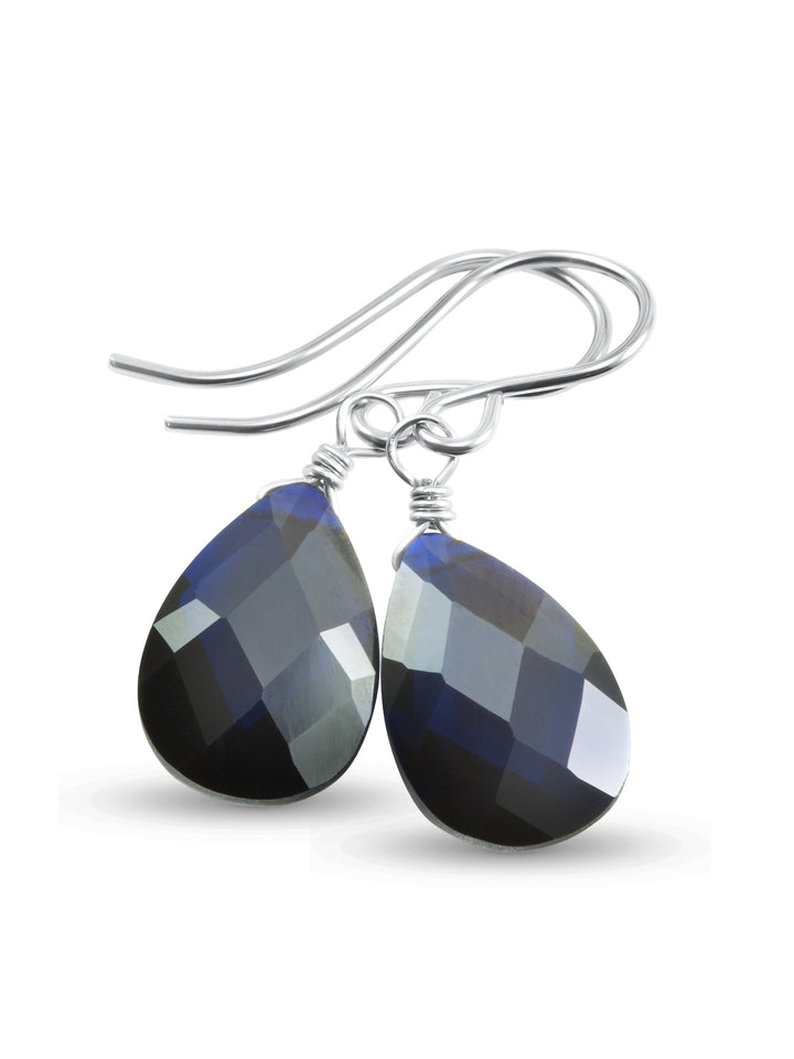Dark Sapphire Blue Cubic Zirconia Earrings Pear Shaped Faceted Teardrop Briolette AAA CZ Sterling Silver or 14k Solid Gold or Filled Dangles