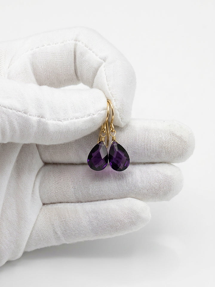 Purple Cubic Zirconia Earrings Sim Amethyst Faceted Teardrop AAA CZ Sterling Silver or 14k Solid Gold or Filled Pear Simple Dainty Drops