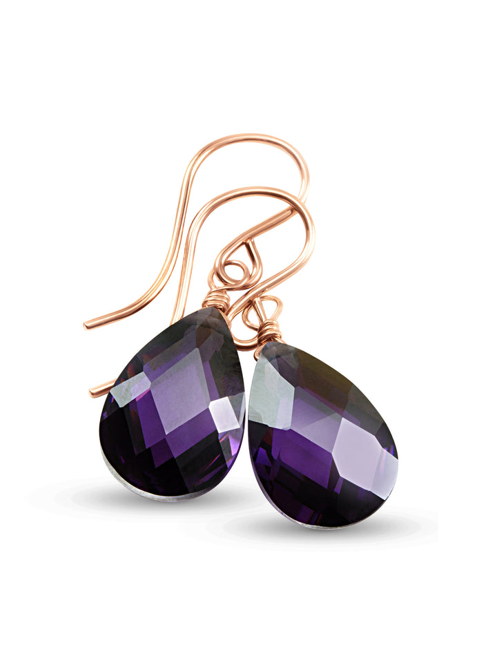 Purple Cubic Zirconia Earrings Sim Amethyst Faceted Teardrop AAA CZ Sterling Silver or 14k Solid Gold or Filled Pear Simple Dainty Drops