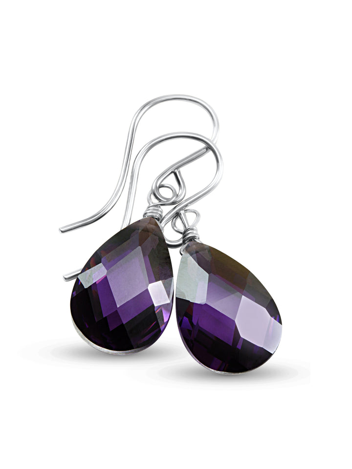 Purple Cubic Zirconia Earrings Sim Amethyst Faceted Teardrop AAA CZ Sterling Silver or 14k Solid Gold or Filled Pear Simple Dainty Drops
