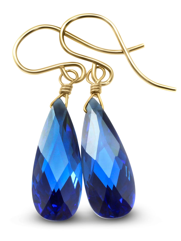 Sapphire Blue Cubic Zirconia Earrings Faceted Long Teardrop AAA CZ  Dangle 14k solid gold or filled or Sterling Silver Deep Royal Blue Drops