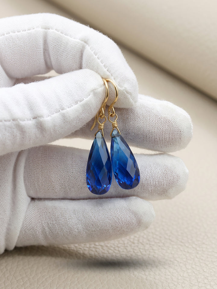 Sapphire Blue Cubic Zirconia Earrings Faceted Long Teardrop AAA CZ  Dangle 14k solid gold or filled or Sterling Silver Deep Royal Blue Drops