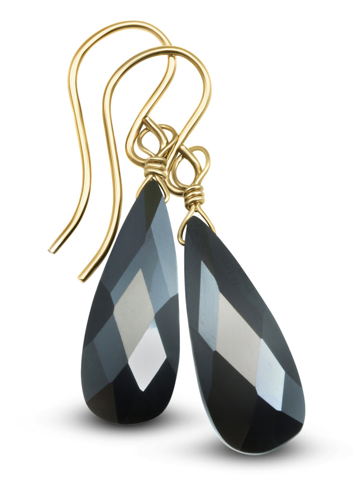 Cubic Zirconia Earrings Sterling Silver or 14k Gold Black Faceted 1.1 Inches