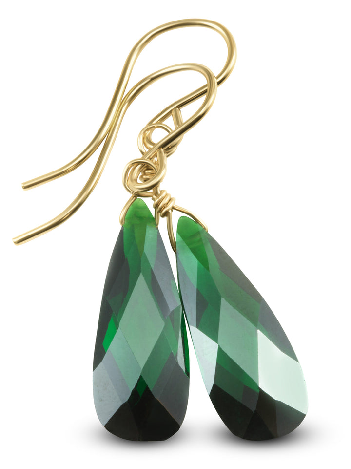 Cubic Zirconia Earrings Sterling Silver or 14k Gold Green Faceted 1.3 Inches
