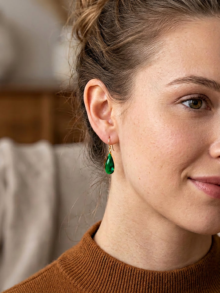 Cubic Zirconia Earrings Sterling Silver or 14k Gold Green Faceted 1.3 Inches