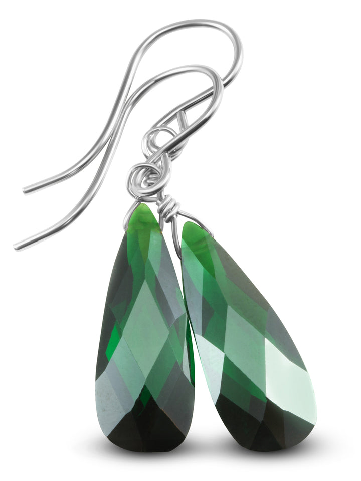 Cubic Zirconia Earrings Sterling Silver or 14k Gold Green Faceted 1.3 Inches