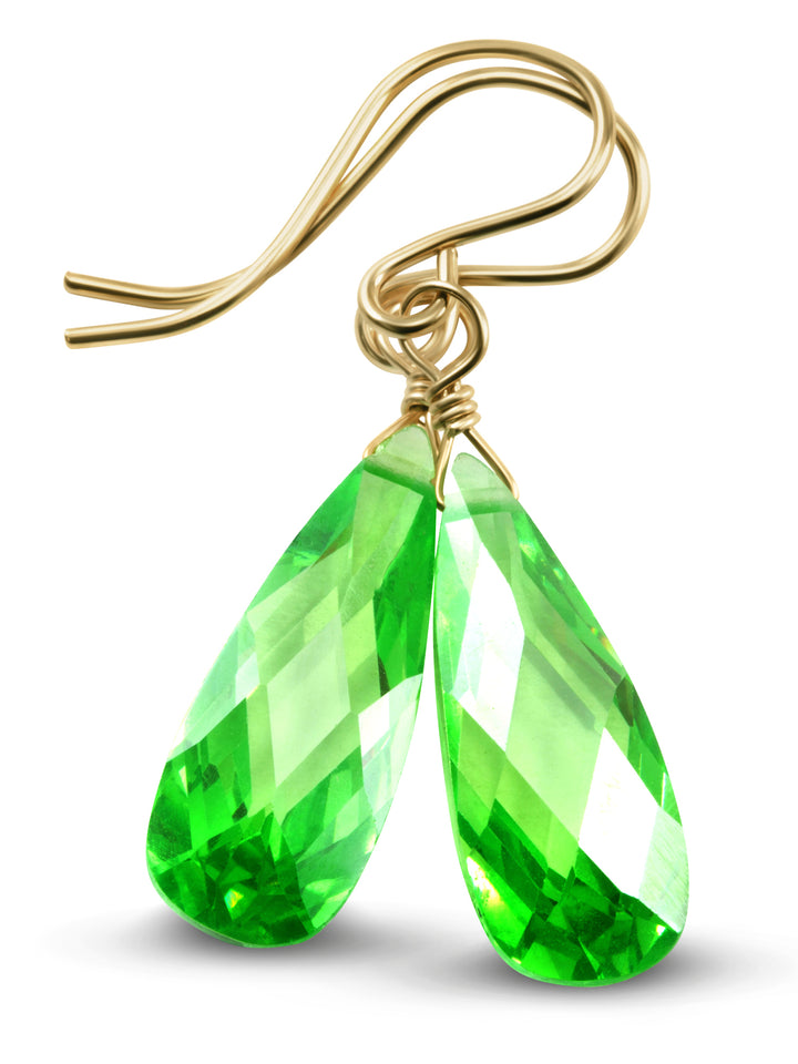 Peridot Green Cubic Zirconia Earrings Long Teardrop AAA CZ  Sterling Silver or 14k Solid Gold or Filled Faceted Cut Drops Simple Lightweight