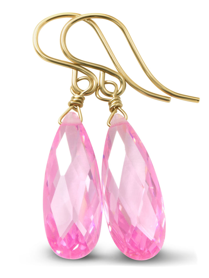 Sapphire Pink Earrings Cubic Zirconia Long Teardrop  AAA CZ  14k Solid Gold or Filled Sterling Silver Faceted Briolettes Bright Simple Drop