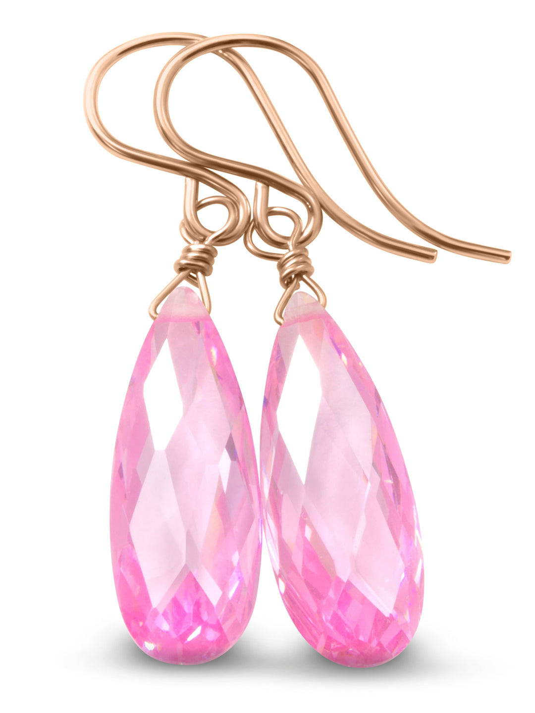 Sapphire Pink Earrings Cubic Zirconia Long Teardrop  AAA CZ  14k Solid Gold or Filled Sterling Silver Faceted Briolettes Bright Simple Drop