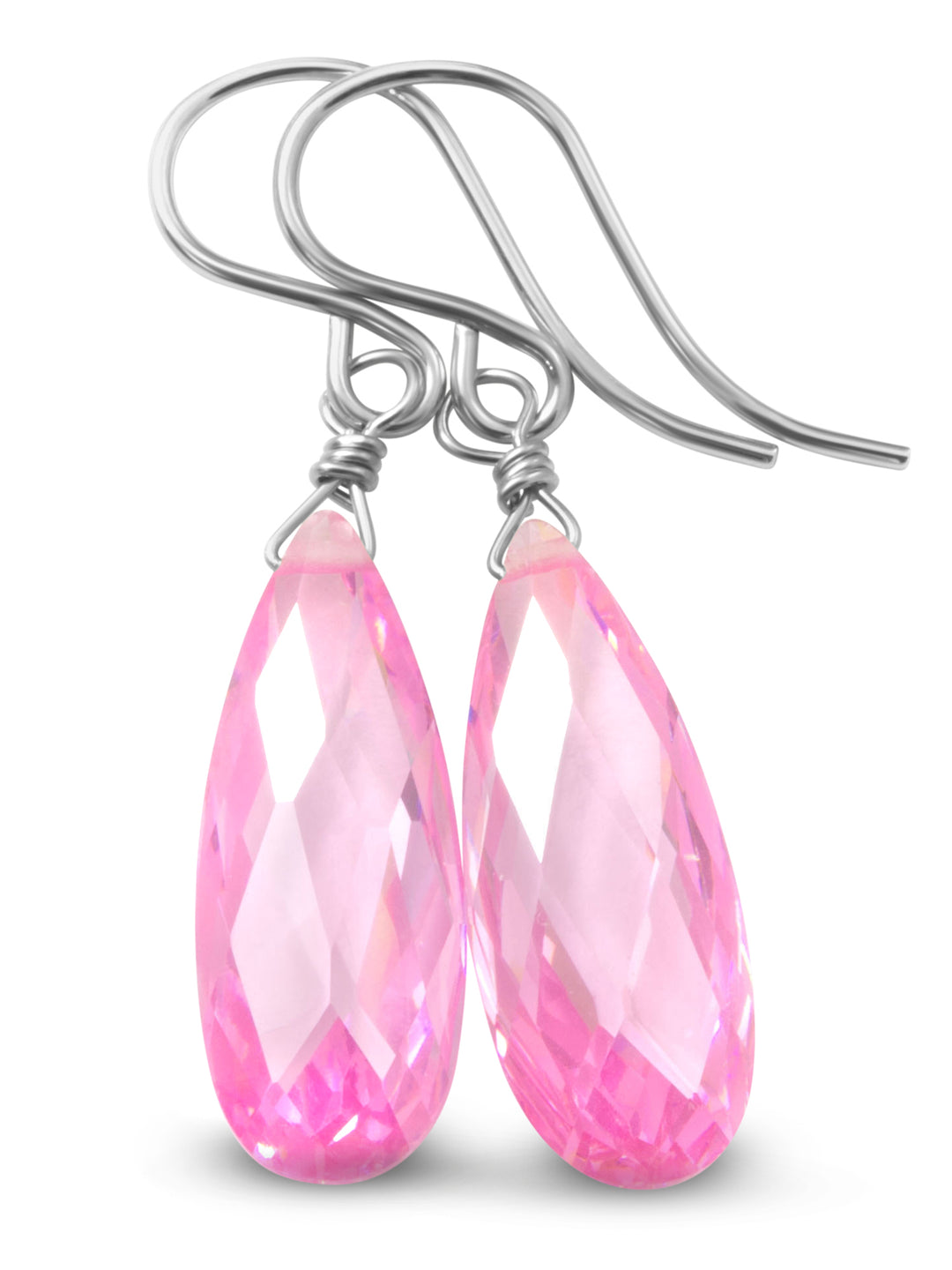 Sapphire Pink Earrings Cubic Zirconia Long Teardrop  AAA CZ  14k Solid Gold or Filled Sterling Silver Faceted Briolettes Bright Simple Drop