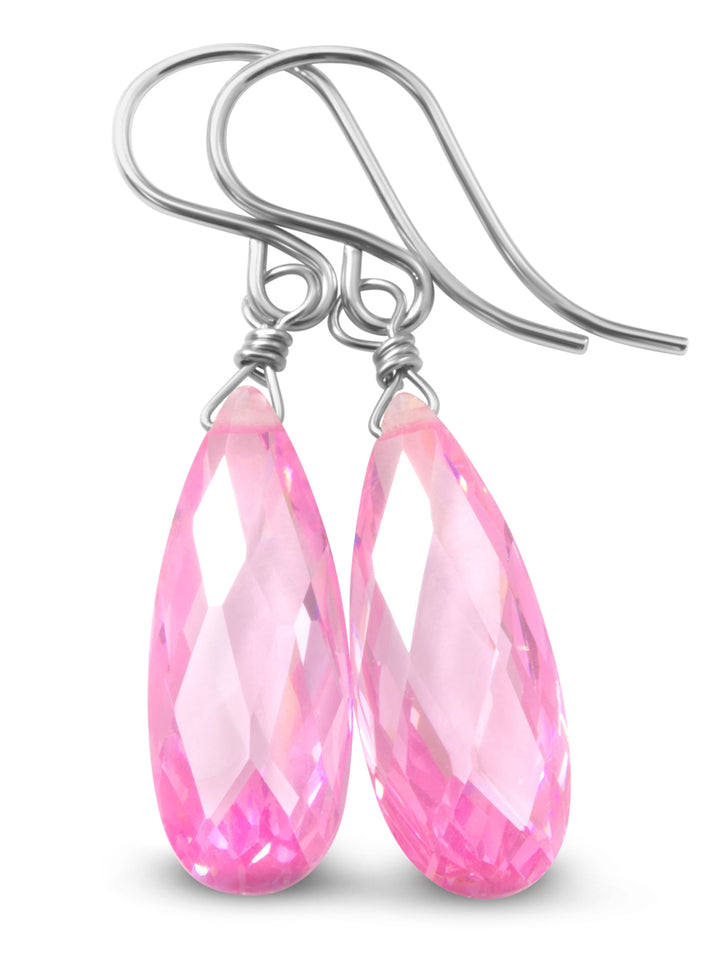 Sapphire Pink Earrings Cubic Zirconia Long Teardrop  AAA CZ  14k Solid Gold or Filled Sterling Silver Faceted Briolettes Bright Simple Drop