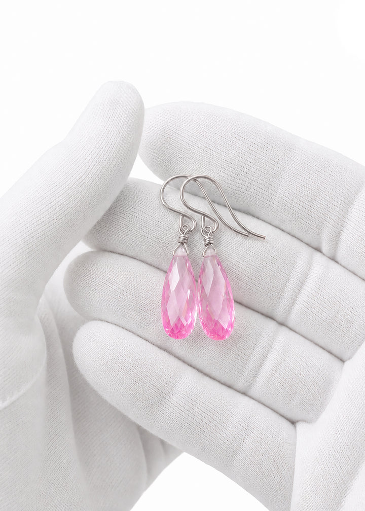 Sapphire Pink Earrings Cubic Zirconia Long Teardrop  AAA CZ  14k Solid Gold or Filled Sterling Silver Faceted Briolettes Bright Simple Drop