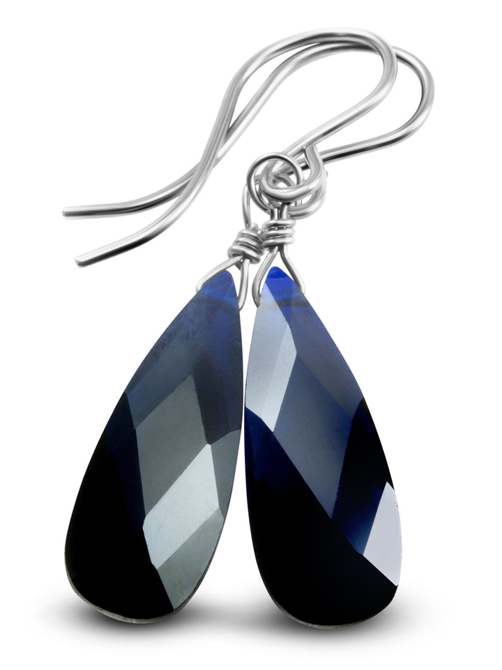 Cubic Zirconia Earrings Sterling Silver or 14k Gold Blue Faceted 1.3 Inches