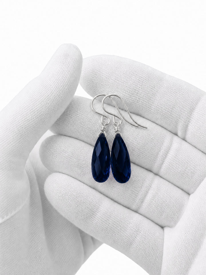 Cubic Zirconia Earrings Sterling Silver or 14k Gold Blue Faceted 1.3 Inches