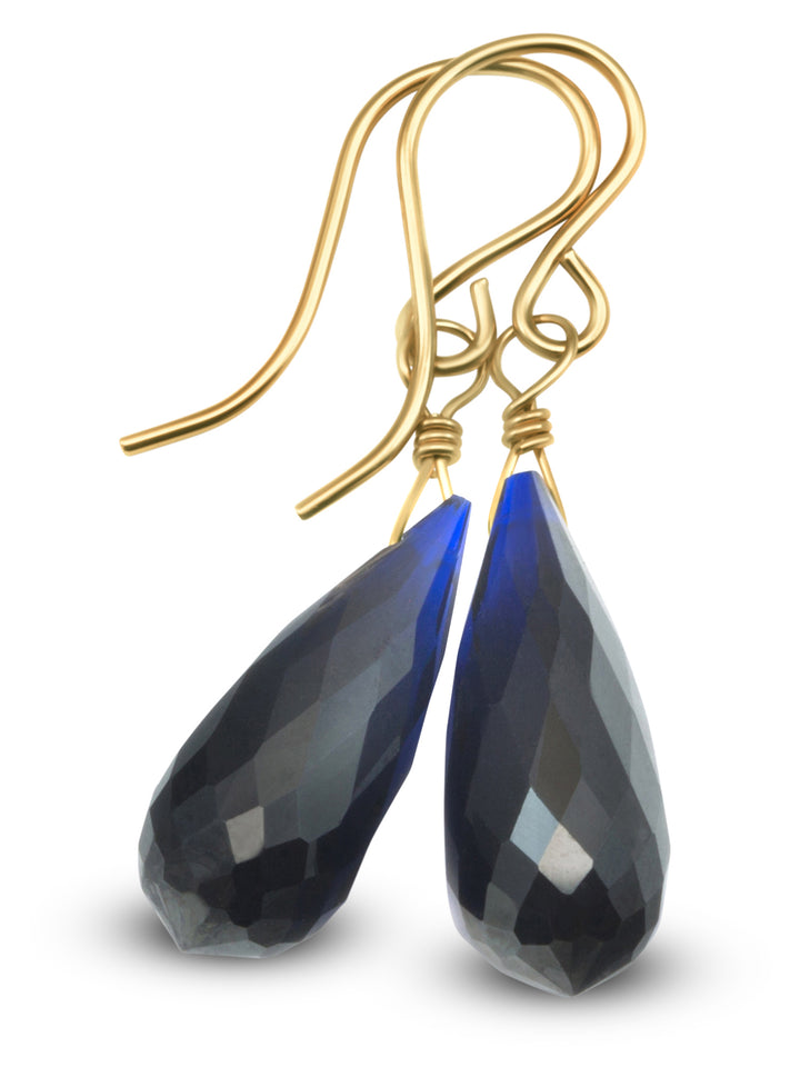 Dark Sapphire Blue Cubic Zirconia Earrings Long Faceted Rounded Teardrop Briolette AAA CZ Sterling Silver or 14k Solid Gold or Filled  Drops