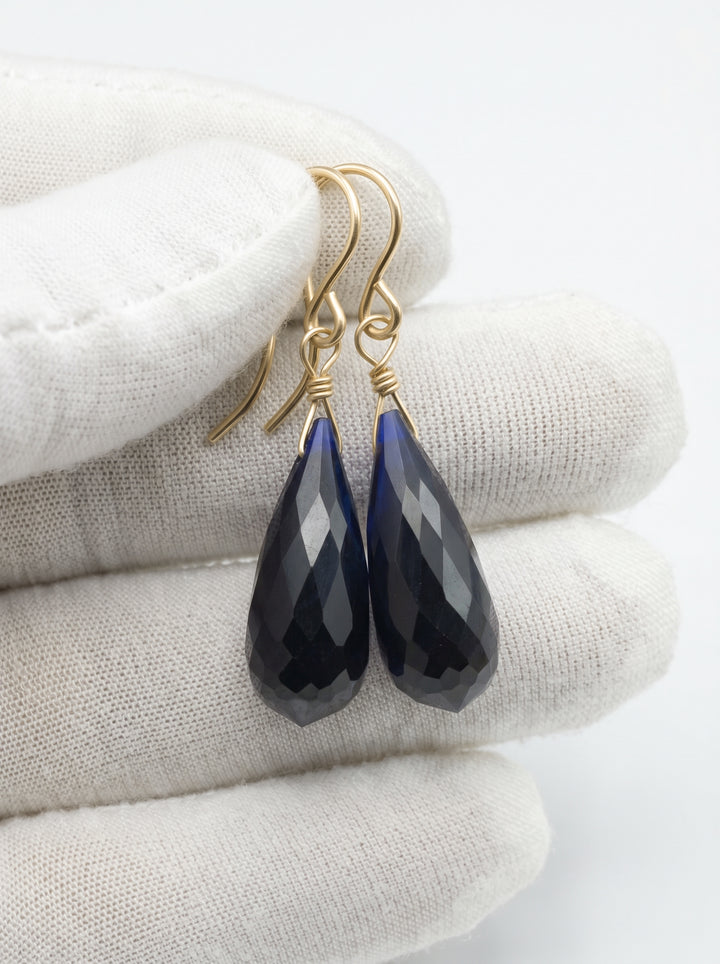Dark Sapphire Blue Cubic Zirconia Earrings Long Faceted Rounded Teardrop Briolette AAA CZ Sterling Silver or 14k Solid Gold or Filled  Drops