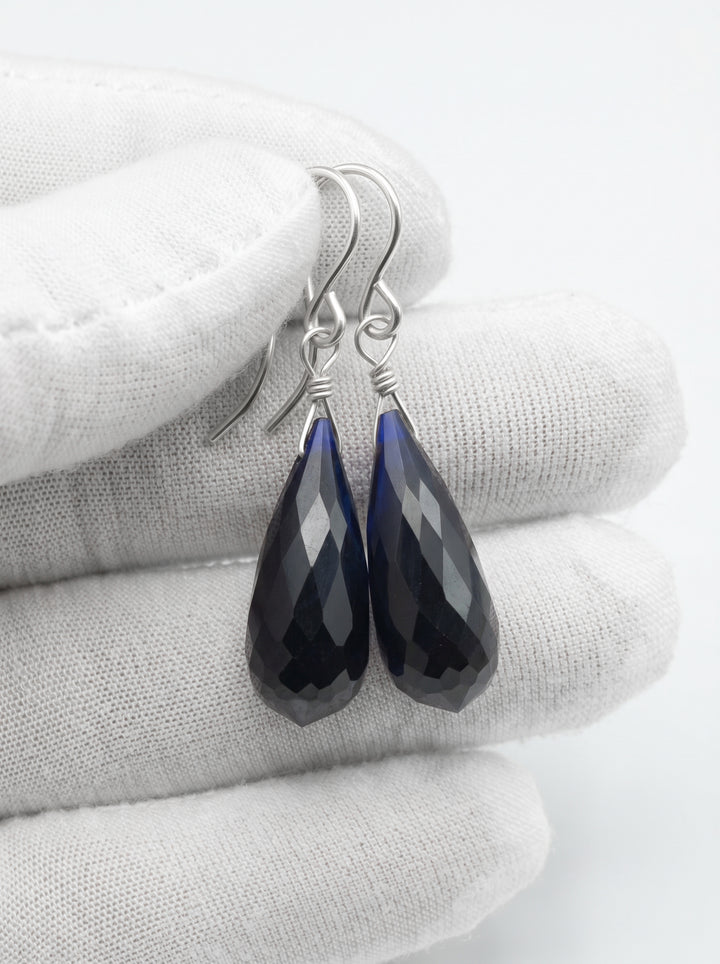 Dark Sapphire Blue Cubic Zirconia Earrings Long Faceted Rounded Teardrop Briolette AAA CZ Sterling Silver or 14k Solid Gold or Filled  Drops