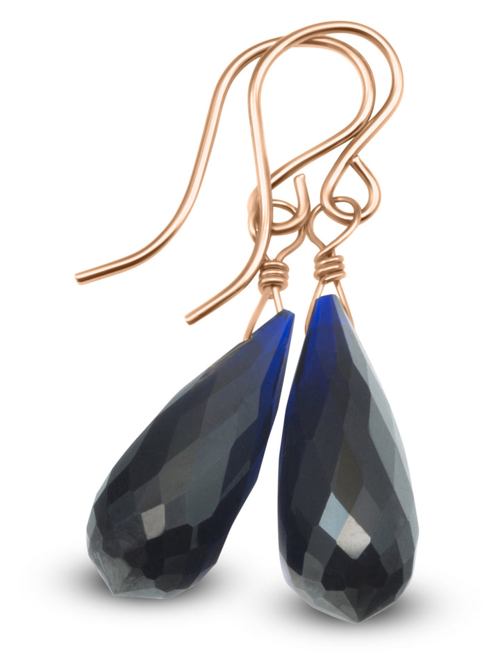 Dark Sapphire Blue Cubic Zirconia Earrings Long Faceted Rounded Teardrop Briolette AAA CZ Sterling Silver or 14k Solid Gold or Filled  Drops