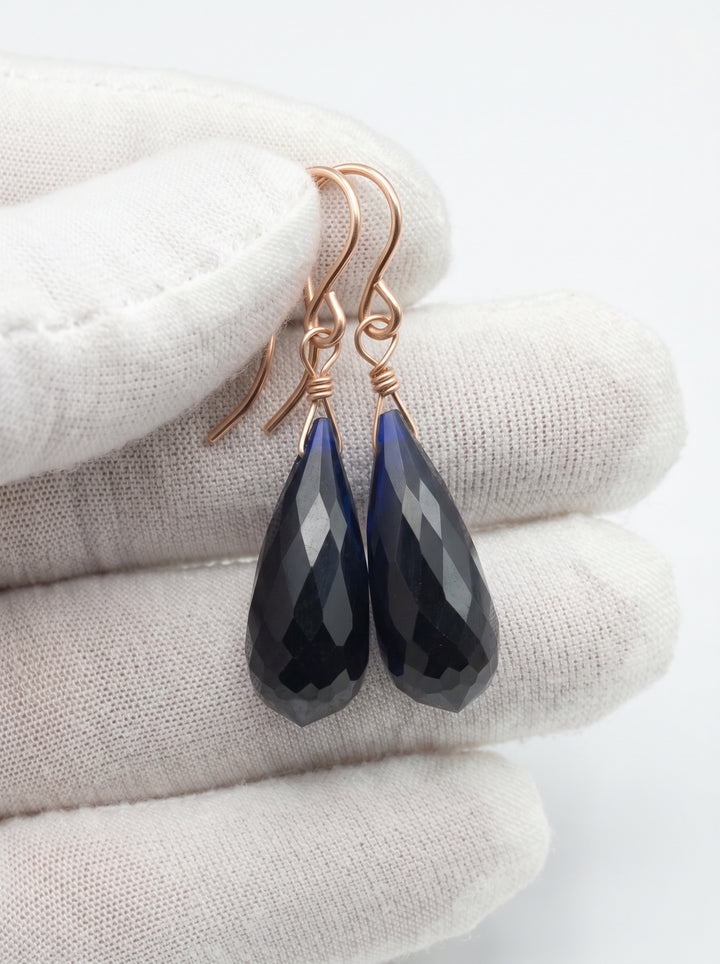 Dark Sapphire Blue Cubic Zirconia Earrings Long Faceted Rounded Teardrop Briolette AAA CZ Sterling Silver or 14k Solid Gold or Filled  Drops