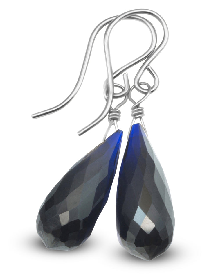 Dark Sapphire Blue Cubic Zirconia Earrings Long Faceted Rounded Teardrop Briolette AAA CZ Sterling Silver or 14k Solid Gold or Filled  Drops