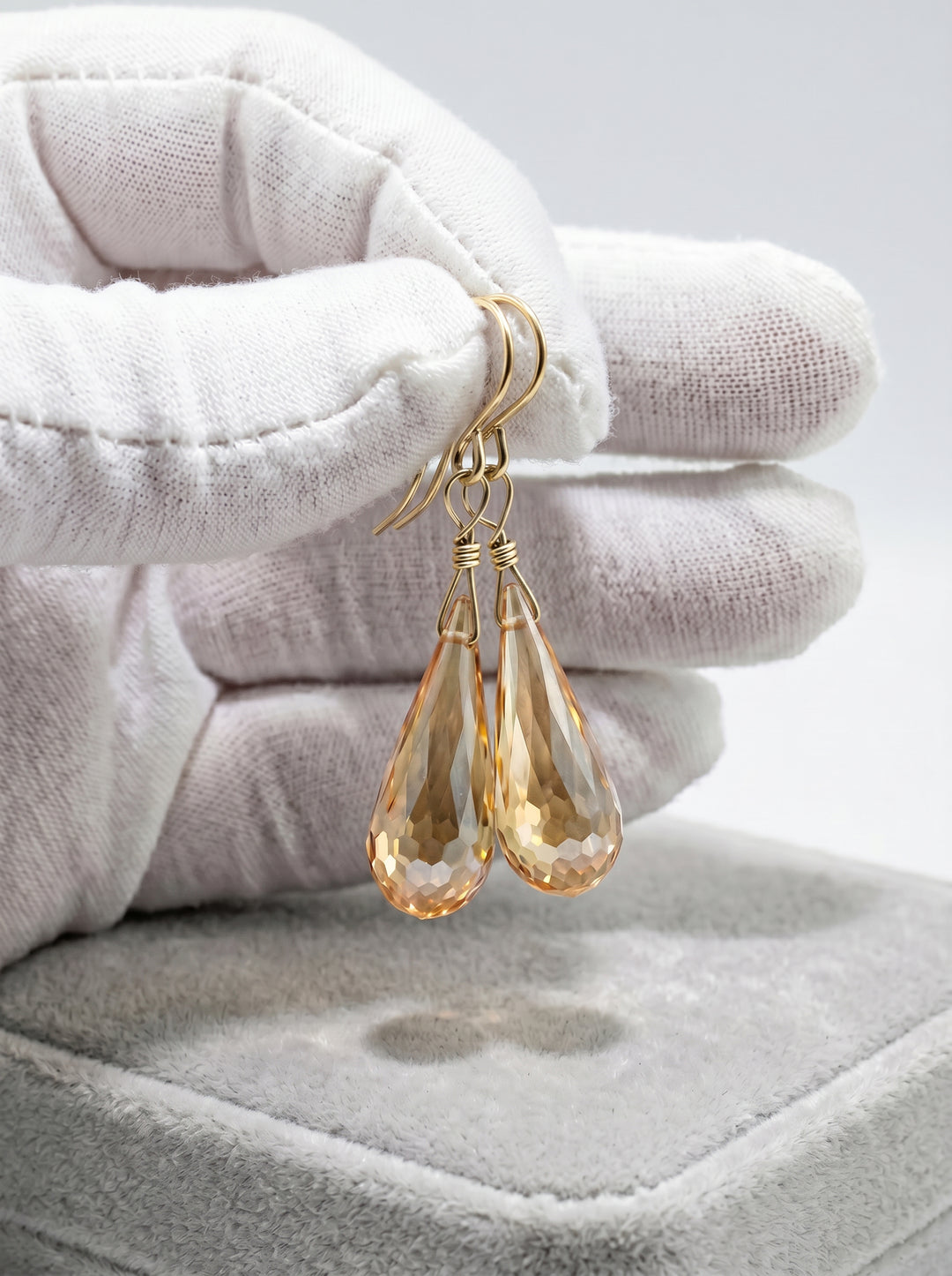 Cubic Zirconia Earrings Sterling Silver or 14k Gold Champagne Faceted 1.3 Inches