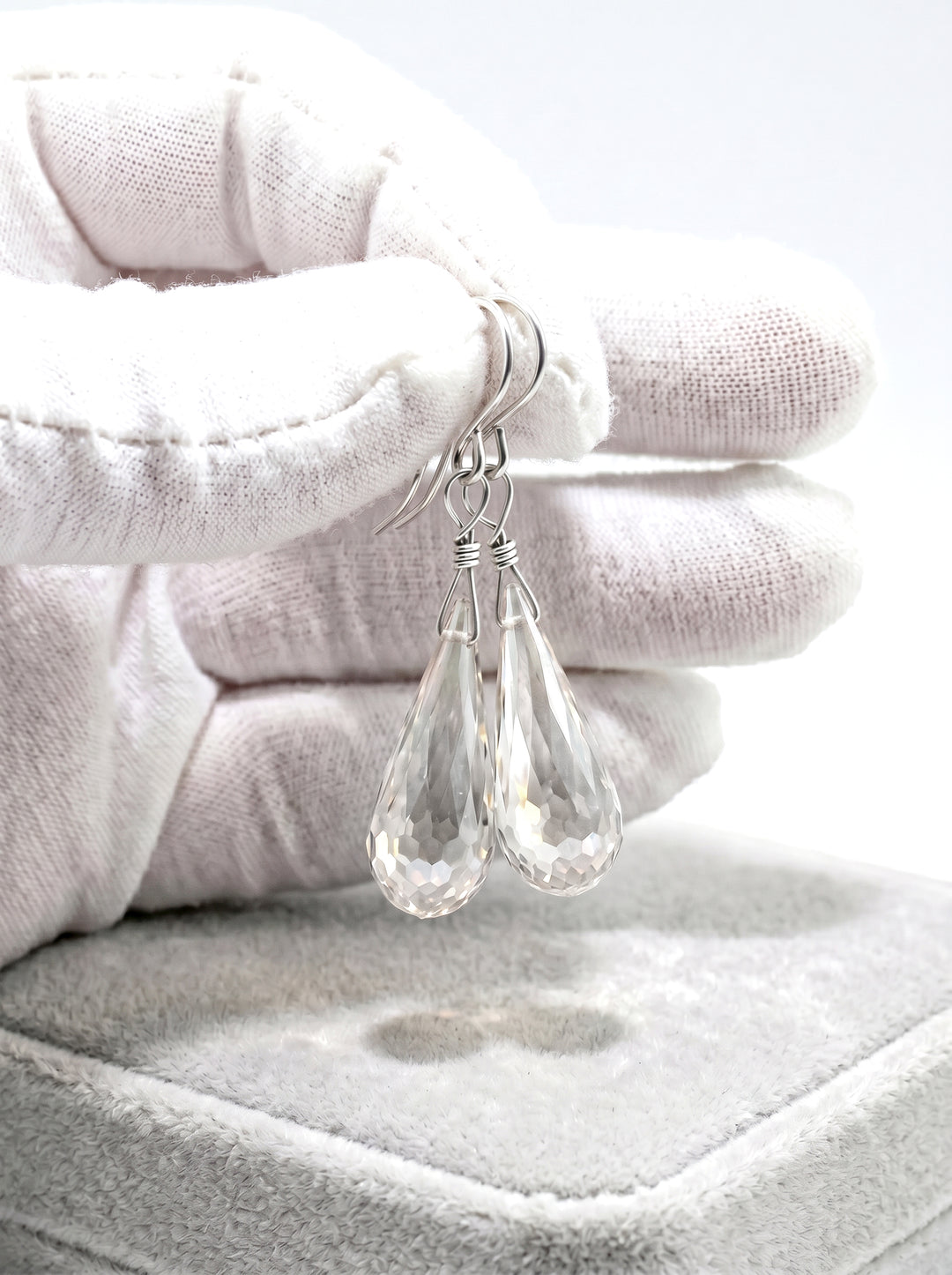 Cubic Zirconia Earrings Sterling Silver or 14k Gold Clear Faceted 1.3 Inches